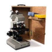 OLYMPUS CHB MICROSCOPE, with a light source and four objectives (4x/0.10, 10x/0.25, 40x/0.65, 100x/