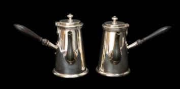 MATCHED PAIR OF GEORGE V SMALL SILVER CHOCOLATE POTS, London 1912 and Sheffield 1916, tapering