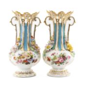 PAIR 19TH C. PARIS PORCELAIN VASES, pierced fluted necks encrusted with flowers, painted floral