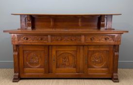 FRENCH HENRY II STYLE CARVED OAK BUFFET, c. 1920, three frieze drawers above conforming cupboards
