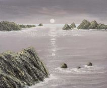 ‡ NICK JOHN REES oil on canvas - coastal scene with rocks under moonlight, inscribed verso, 51 x
