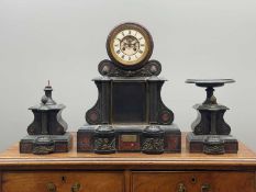 LATE 19TH CENTURY SLATE CLOCK GARNITURE, with tazza supporters, 8-day two train movement striking