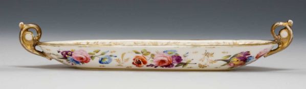 NANTGARW PORCELAIN GONDOLA-SHAPED PEN TRAY, having gilded twin handles of scrolling form with disc