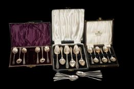 ASSORTED SILVER SPOONS, various dates and makers, comprising cased set 6 teaspoons, cased set 6