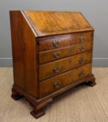 18TH CENTURY STYLE WALNUT LEATHER BANDED BUREAU, moulded fall, fitted interior above one false and