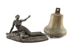 EARLY 20TH C. BRONZE SHIP'S BELL, top stamped with GV cypher overstamped VI, 25cms h; and cold