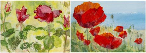 ‡ ELIZABETH THOMAS (b.1930) acrylic (a pair) - two flower studies, entitled verso, 'Red Roses'