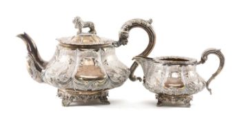 RARE VICTORIAN SILVER LION & QUAIL TEAPOT & MILK JUG, William Hunter, London 1841, of lobed form