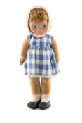 CHAD VALLEY VELVET DOLL, the girl wearing blue gingham dress and white bonnet, wool socks and shoes,
