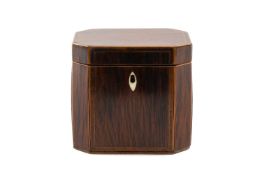 RARE GEORGE III PARTRIDGE WOOD TEA CADDY, square canted form with boxwood stringing and rosewood