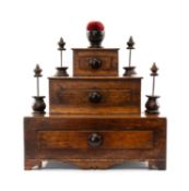 ANTIQUE MAHOGANY THREE-TIER SEWING CHEST, graduated with three drawers (one with divisions), pin