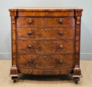 LATE VICTORIAN MAHOGANY BOWFRONT CHEST, five graduated short and long drawers between outset corners