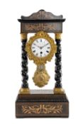 FRENCH MARQUETRY GILT BRASS & EBONISED PORTICO CLOCK, dial signed 'Leroy à Paris', signed and