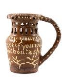 BURTON-IN-LONSDALE (YORKSHIRE) POTTERY SLIPWARE PUZZLE JUG, dated 1874 and decorated with 4-line