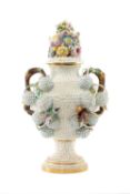 LARGE GERMAN MEISSEN-STYLE SCHNEEBALLEN VASE & COVER, profusely decorated with blue and white