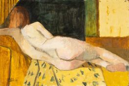 CLAUDIA WILLIAMS (1933-2024) oil on panel - entitled verso, 'Nude in Yellow Room', signed and