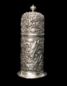 VICTORIAN SILVER SUGAR CASTER, William Comyns, London 1891, embossed foliate and avian decoration,