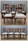 MATCHED GROUP OF ANTIQUE DINING CHAIRS, all similarly upholstered in Regency stripe, comprising four
