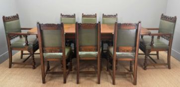 FRENCH HENRY II-STYLE OAK DINING TABLE & CHAIRS, c. 1920, rounded rectangular extending table with