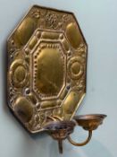 19TH C. DUTCH STYLE BRASS WALL SCONCE with canted corners, domed cushion centre, circular and