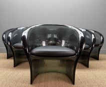 SIX PIERRE PAULIN FOR MAGIS FLOWER ARMCHAIRS, smoke grey polycarbonate shell with leather seat pads,