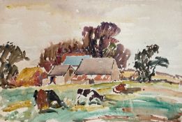 ‡ WILL EVANS (1888-1957) watercolour on card - farmstead with cattle in the foreground, unsigned, 38
