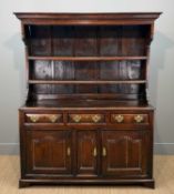 MID 18TH C WELSH OAK HIGH DRESSER, Snowdonia/Merionethshire, hooded ogee cornice and boarded rack