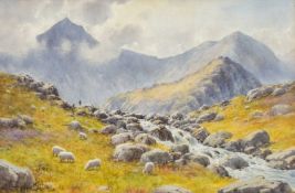 WARREN WILLIAMS watercolour - walkers and sheep on the slopes of Yr Wyddfa (Snowdon), signed, 34 x
