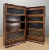 PAIR EARLY 20TH C. STAINED OAK SECTIONAL BARRISTER BOOKCASES, four tier, up-and-over glass