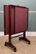 EARLY 19TH CENTURY MAHOGANY FIRE SCREEN, with three rising/sliding purple fabric-lined leaves, on