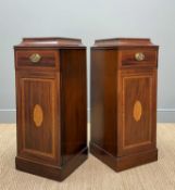 PAIR LATE VICTORIAN INLAID MAHOGANY PEDESTAL CABINETS, satinwood crossbanding with boxwood & ebony