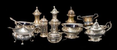 ASSORTED ANTIQUE SILVER CRUETS, including a five-piece cruet, etc. (11) Provenance: private