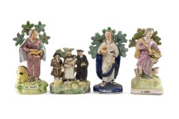 FOUR EARLY 19TH CENTURY STAFFORDSHIRE FIGURES, including Tythe Pig group, and three Apostles,