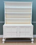 EARLY 2OTH C. OAK DRESSER, later painted, waterfall shelving above cupboards, one side with