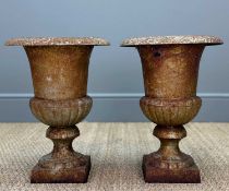 PAIR OF CAST IRON CAMPANA GARDEN URNS, 45cms (h), together with one plinth 22cms (h) x 33cms (diam.)