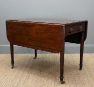 EARLY 19TH C. MAHOGANY PEMBROKE TABLE, ebony and boxwood strung top, opposing drawers with Empire