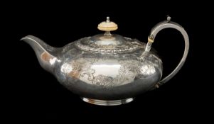 GEORGE IV SILVER TEAPOT, William Edwards, London 1824, engraved with foliate scrolling, vacant