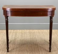 EARLY 19TH CENTURY MAHOGANY & BOXWOOD STRUNG TEA TABLE, D-shaped top on tapering reeded legs, double