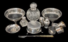 ASSORTED SILVERWARE, including pair of circular pierced bonbon dishes 12.8cms (diam.), pickle