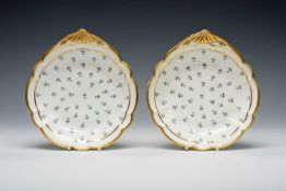 PAIR OF SWANSEA PORCELAIN FAN-HANDLED DISHES, having gilt rim and gilt moulding to the handles,