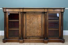 LATE VICTORIAN BURR WALNUT MARQUETRY SIDE CABINET, glazed doors flanking central panel door, gilt