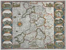 JOHN SPEED, hand-coloured double-page printed map of Wales, with town vignettes in the border from