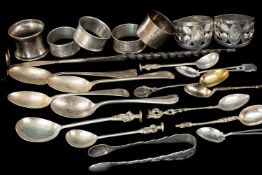ASSORTED ANTIQUE SILVER SPOONS & NAPKIN RINGS, including toddy ladle, pair rose pierced D-shaped