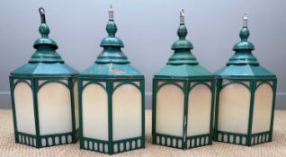 FOUR CARDIFF MARKET PAINTED COPPER LANTERNS, hexagonal section, probably manufactured by D.W.