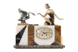 1930s ART DECO MANTEL CLOCK, elaborate mixed polished stone, rectangular case supporting coloured