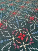 TWO VINTAGE TRADITIONAL WELSH WOOLLEN BLANKETS blue and red geometric design, green ground,