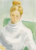 CLAUDIA WILLIAMS (1933-2024) watercolour - portrait of woman sat in a green chair, signed, 35 x