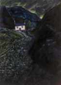 ‡ RAY THOMAS mixed media - entitled verso, 'Cottage in the Hills', signed, 28 x 20cms Provenance: