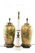 PAIR OF MODERN DECORATIVE GLASS TABLE LAMPS, decoupage decorated with oriental bamboo, giraffes, and