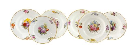 SIX CROWN DERBY PORCELAIN DISHES, painted by Moses Webster, all painted with sprays of summer
